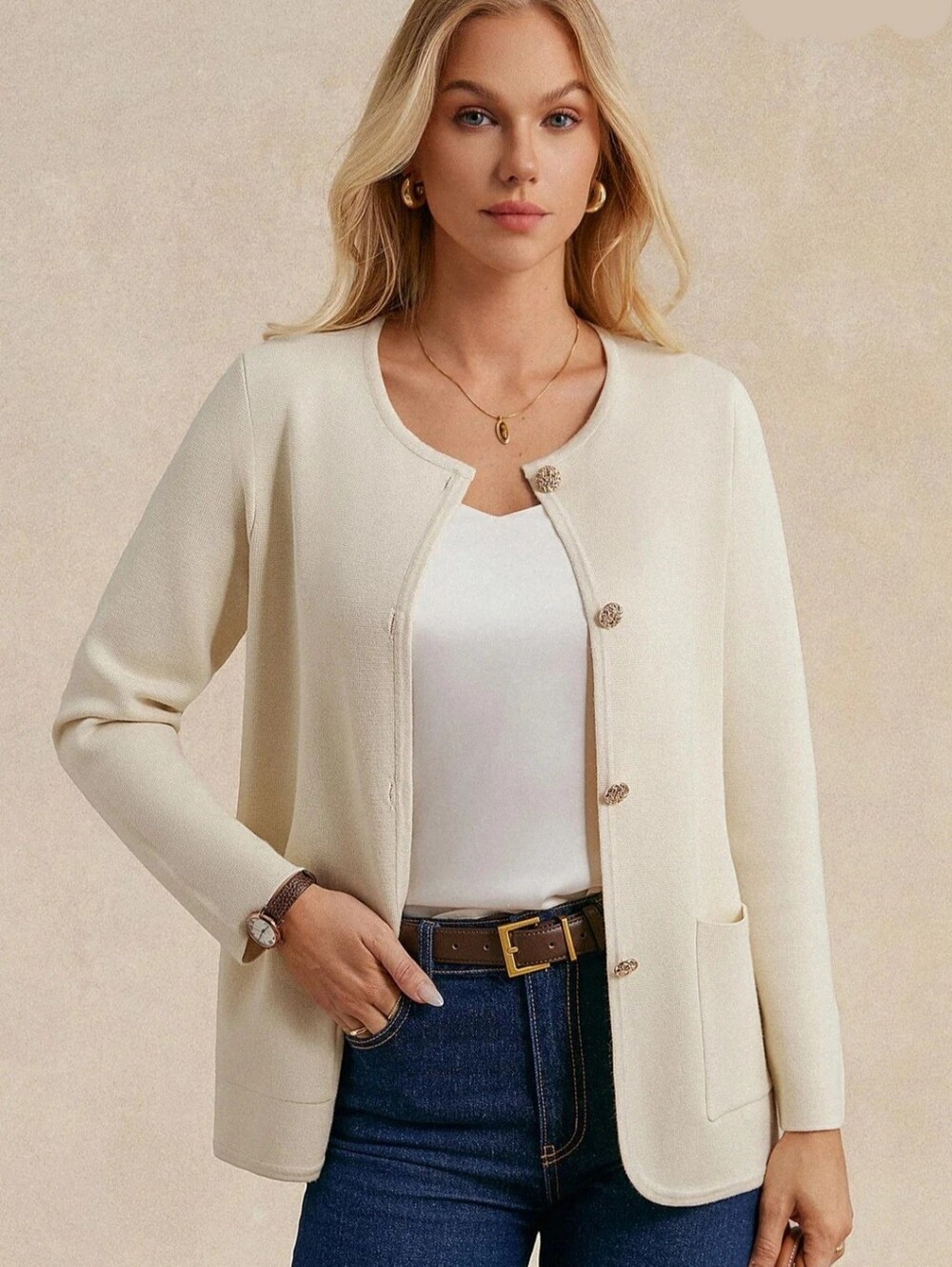Grace Karin Cream Round-Neck Button Front Cardigan/ BNWT